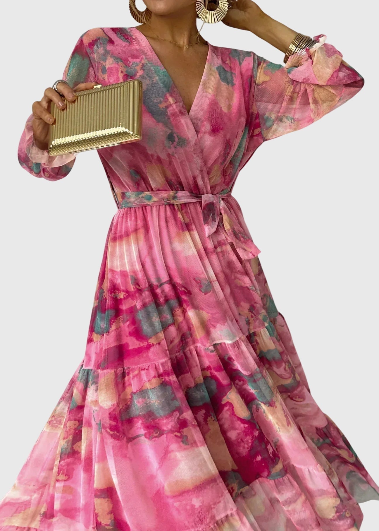 Amber - Sukienka maxi z kwiatowym nadrukiem i długimi rękawami