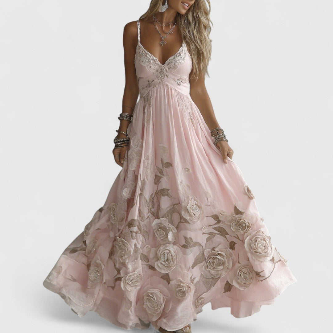 Adelina - długa sukienka wieczorowa z różami i koralikami