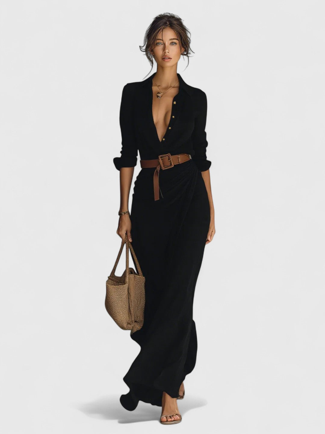 Lindsey - Długa Sukienka Maxi z Wcięciem i Dołączonym Paskiem