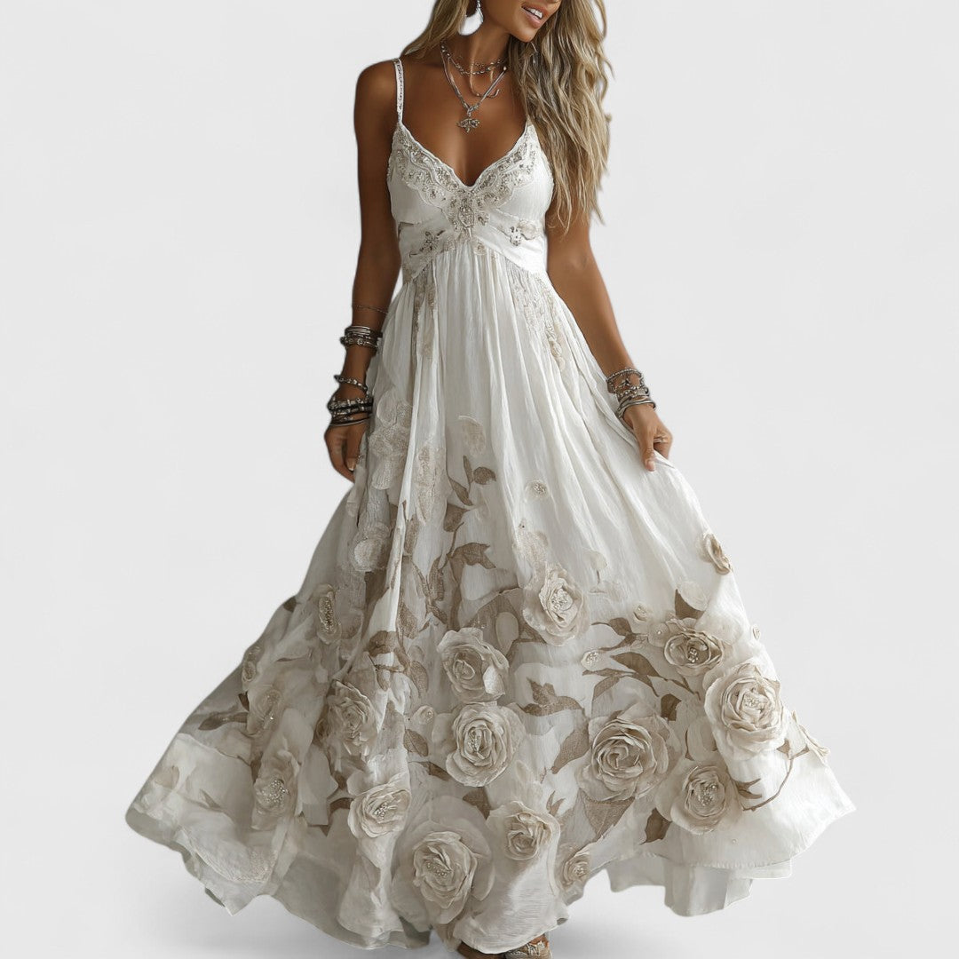 Adelina - długa sukienka wieczorowa z różami i koralikami