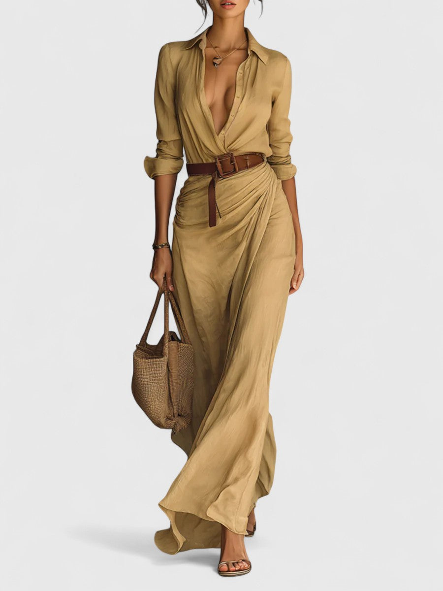 Lindsey - Długa Sukienka Maxi z Wcięciem i Dołączonym Paskiem