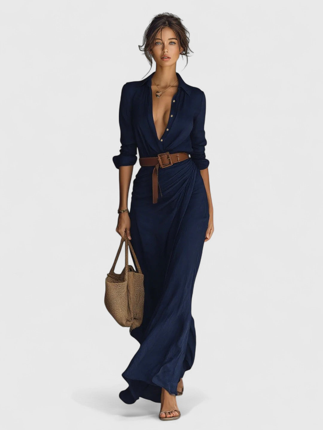 Lindsey - Długa Sukienka Maxi z Wcięciem i Dołączonym Paskiem