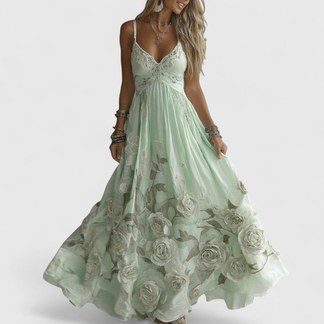 Adelina - długa sukienka wieczorowa z różami i koralikami