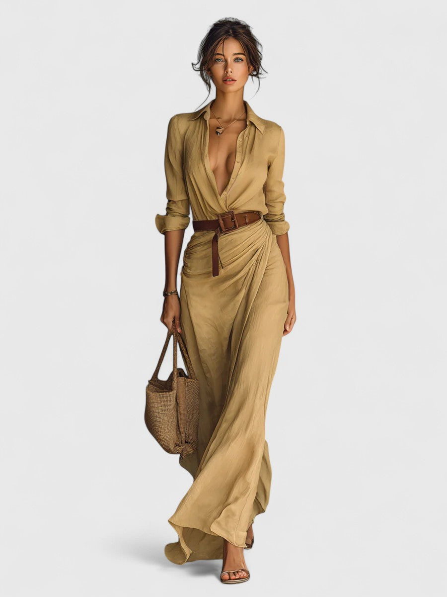 Lindsey - Długa Sukienka Maxi z Wcięciem i Dołączonym Paskiem