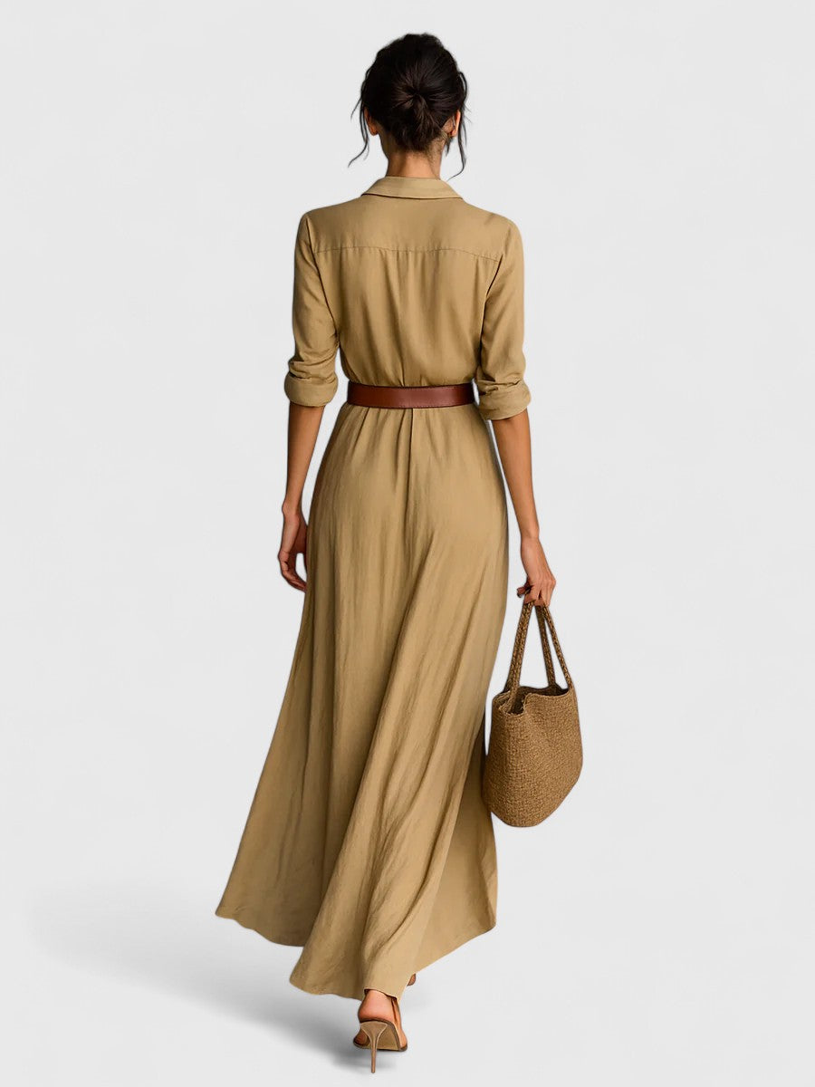 Lindsey - Długa Sukienka Maxi z Wcięciem i Dołączonym Paskiem